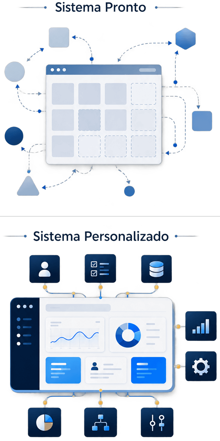Comparação entre um sistema pronto genérico e um sistema personalizado, organizado em torno das necessidades do negócio